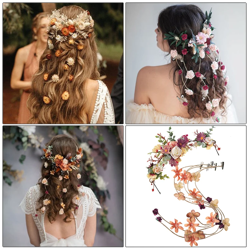 AWAYTR Women Flower Vine Hair Wreaths Hairpin Tassel Plant Head Garland Hair Crown Party Headband Simulated Wedding Accessories