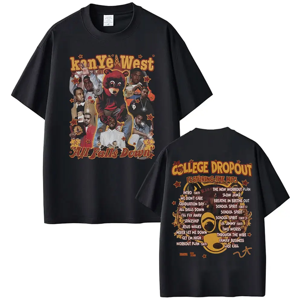 Camiseta Kanye West College Dropout Featuring The Hits para homens e mulheres, camiseta Harajuku High Street de algodão casual de manga curta