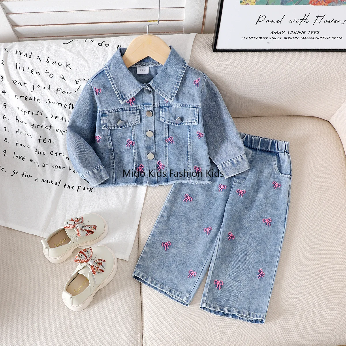 2026 Spring Autumn INS Fashion Girls Denim Set, Embroidery Bow Long Sleeve Jacket & Pants for 6M-3Y