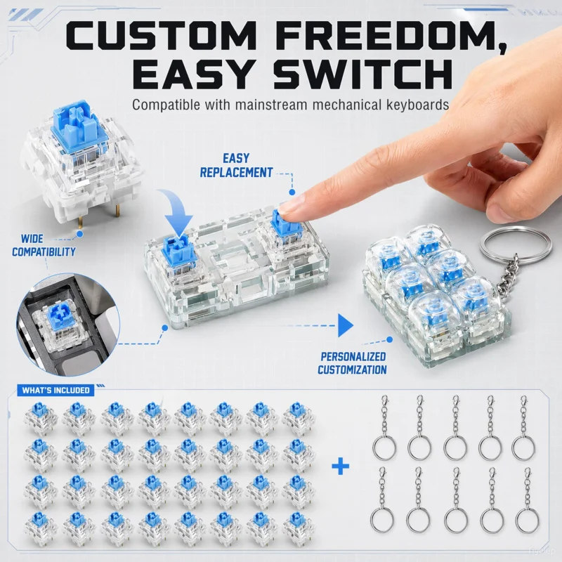 50PCS Keyboard Clickers for 3D Prints Crisp Clicks Mechanical Keyboard Switches 3D Printed Clicker Fidget Extra 10PCS Keychain