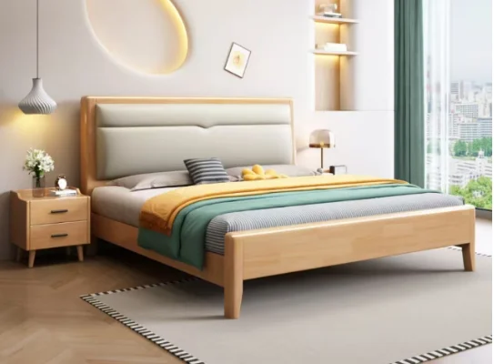 ^&Nordic Modern Queen Size Wooden Bed Frame King Size Soft Bag Upholstery Wooden Bedroom Furniture Wooden Beds
