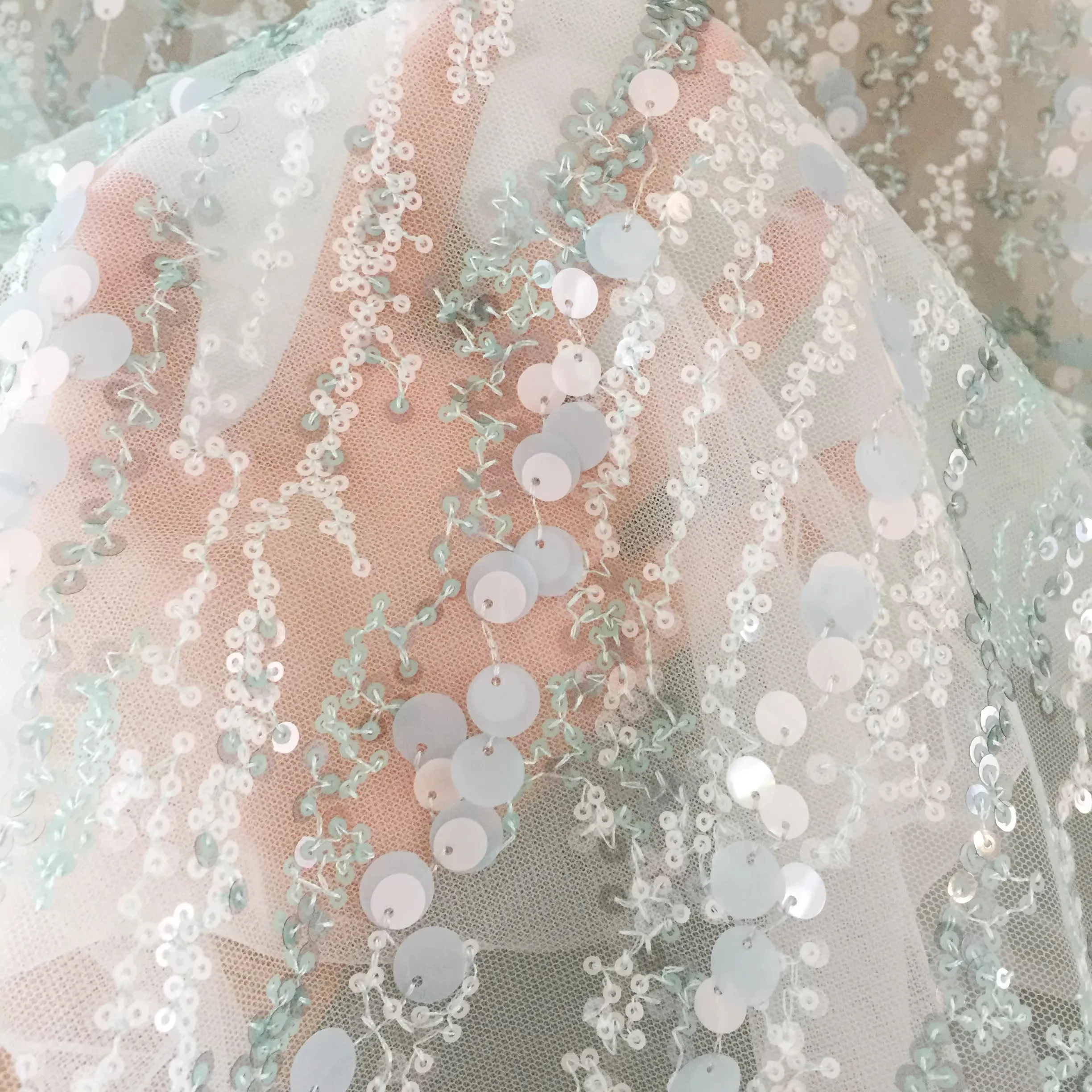 1yard price Fresh Mint Green Glitter Lace Mesh Fabric Wedding Dress Dance Dress Fabric