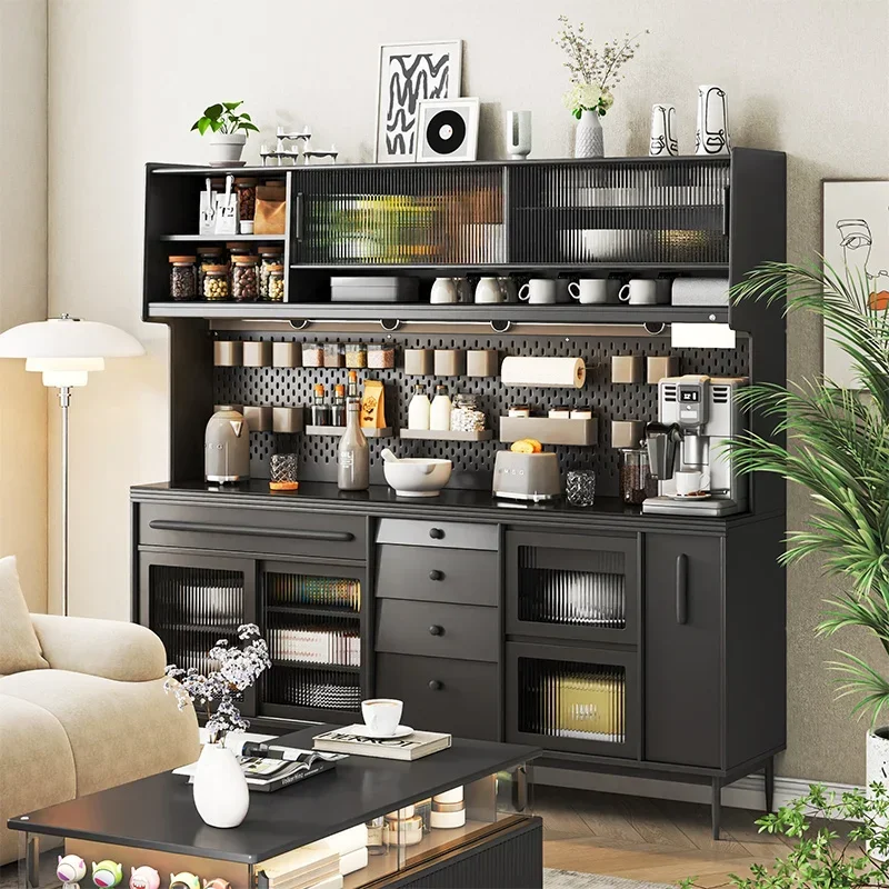 Minimalist integrated against the wall, black solid wood paint multi-functional tea cabinet