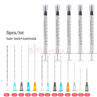 5pcs/lot Luer Lock Syringes1ml syringe +22G 25G 27G 50mm Cannula for Filler Painless Safety Micro-tip Blunt Cannula Needle