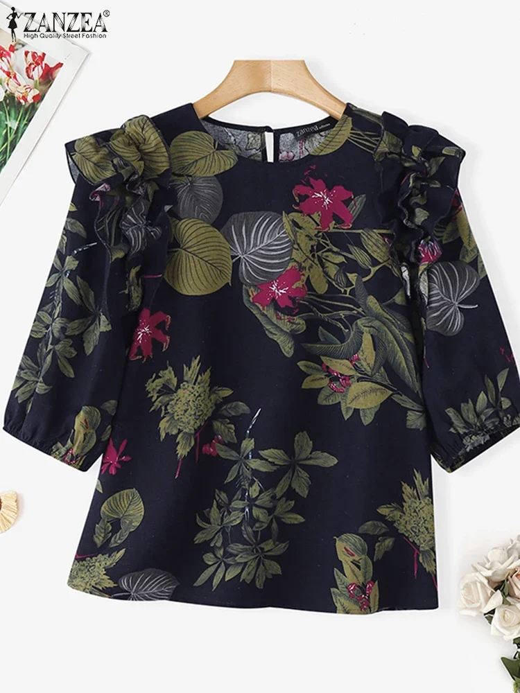 ZANZEA Vintage Summer Blouse Short Sleeve Women Ruffled Shirts 2025 Printed Tunic Tops Casual Loose Bohemian Blusas Cotton Tees