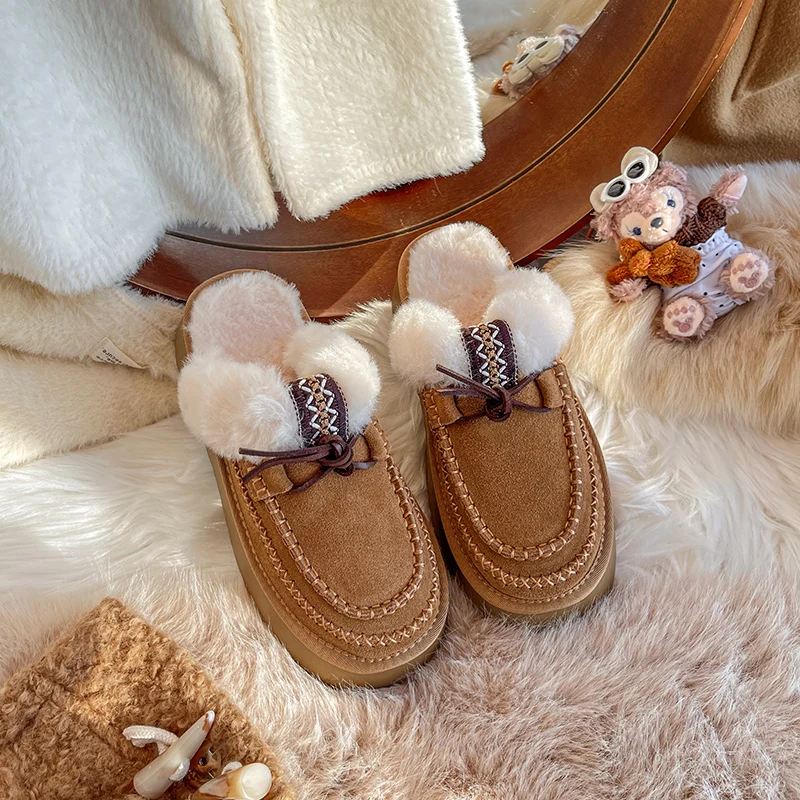 Faux Suede Leather Fur Bare Slippers 2024 New Winter Warm Flat Wool Shoes Shearling Moccasins Thick Bottom Tassels Decorative