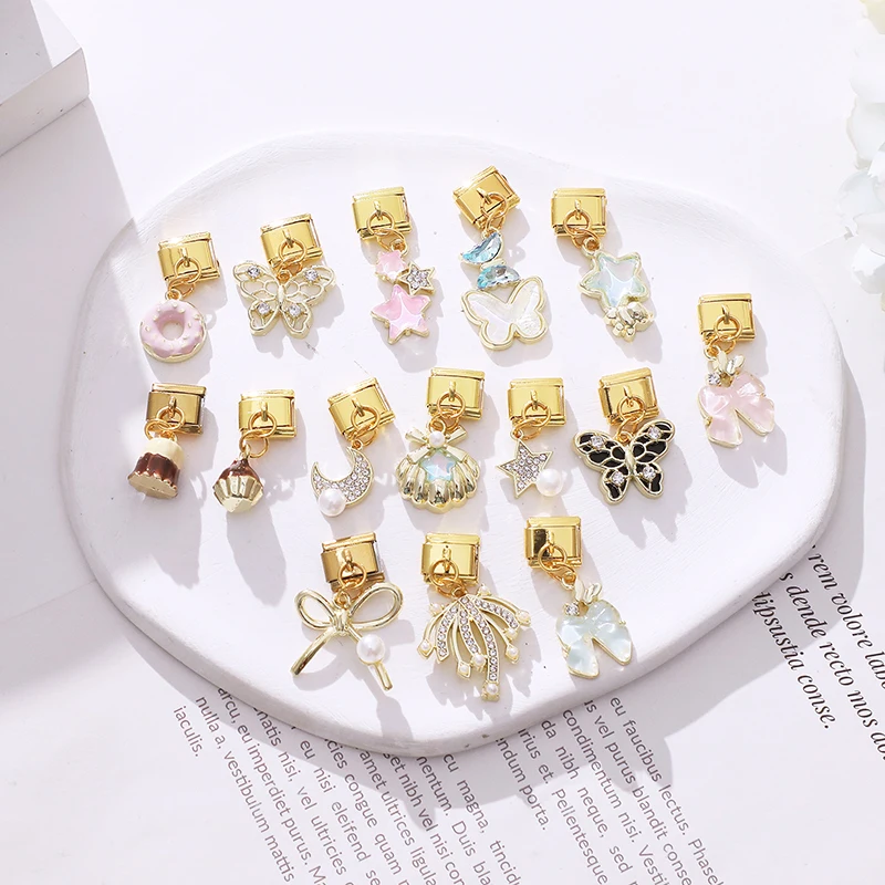 

Gold Color Cake Butterfly Moon Bow Shell Star Pearl Pendant Italian Charm Link Beads Fit 9MM Stainless Steel Bracelet DIY Making