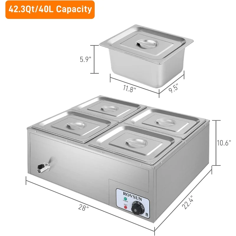 ROVSUN 42.3QT 1200W 전기 상업용 음식 보온기, 4팬 스팀 테이블 10.6 QT/팬 스테인레스 스틸 베인 마리 뷔페 조리대
