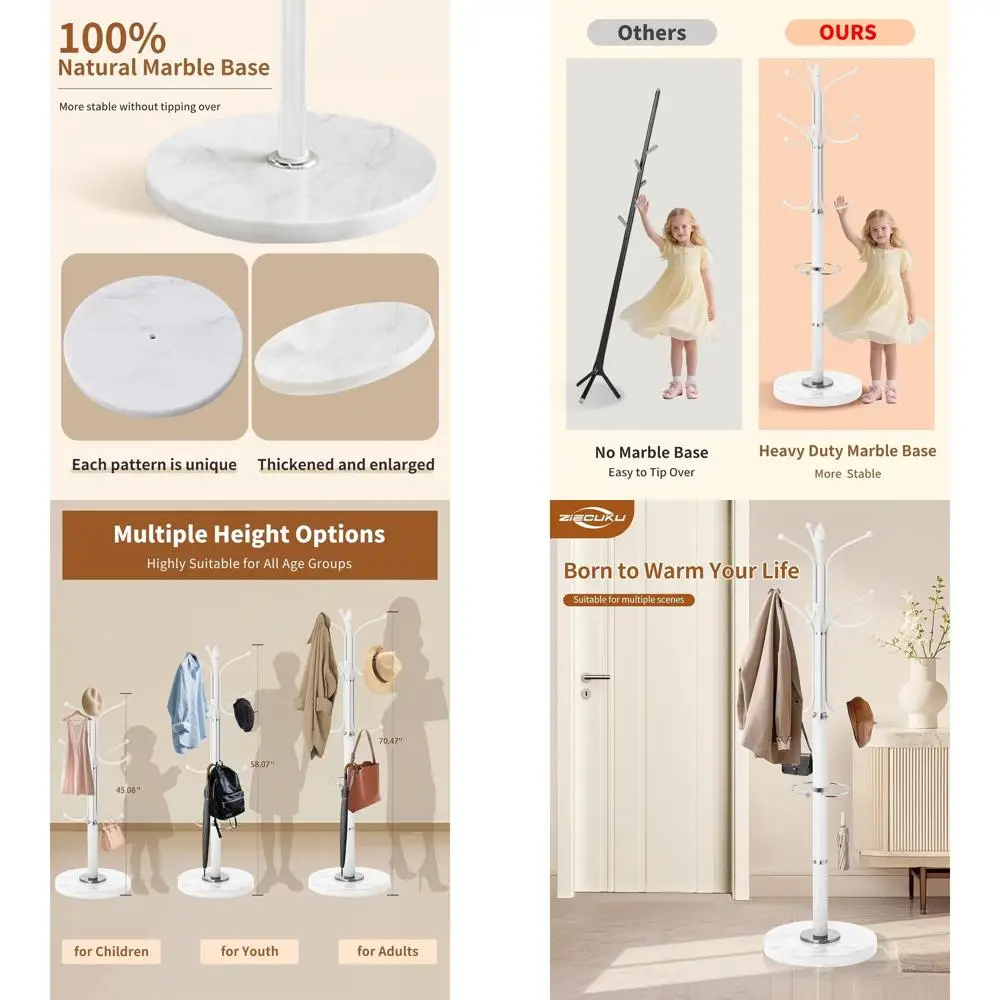 

Modern White Marble Base Coat Rack with 12 Hooks and Umbrella Stand for Entryway and Office
