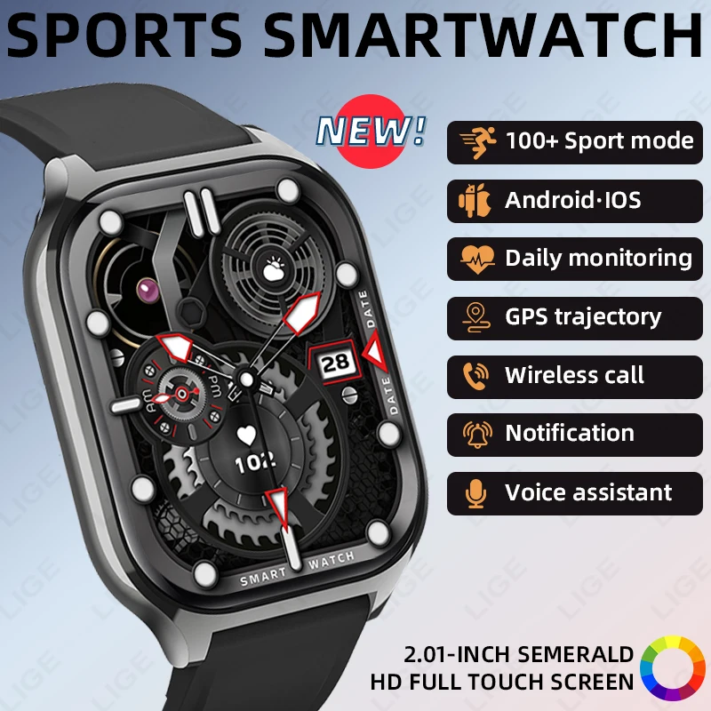

LIGE Smart Watch 100+ Sports Modes 2.01 Inch HD Screen Wireless Calling IP67 Waterproof Music Control Men SmartWatch Android l0S