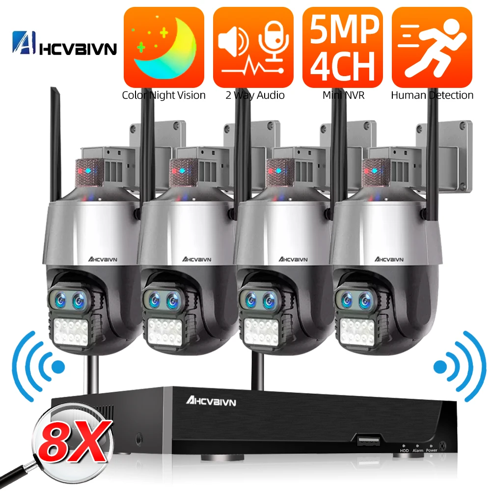 Xmeye Wifi Cctv Camera Beveiligingssysteem Kit 8x Zoom 4K 4ch Draadloze Nvr Kit Outdoor Auto Trakcing Ptz Videobewakingssysteem