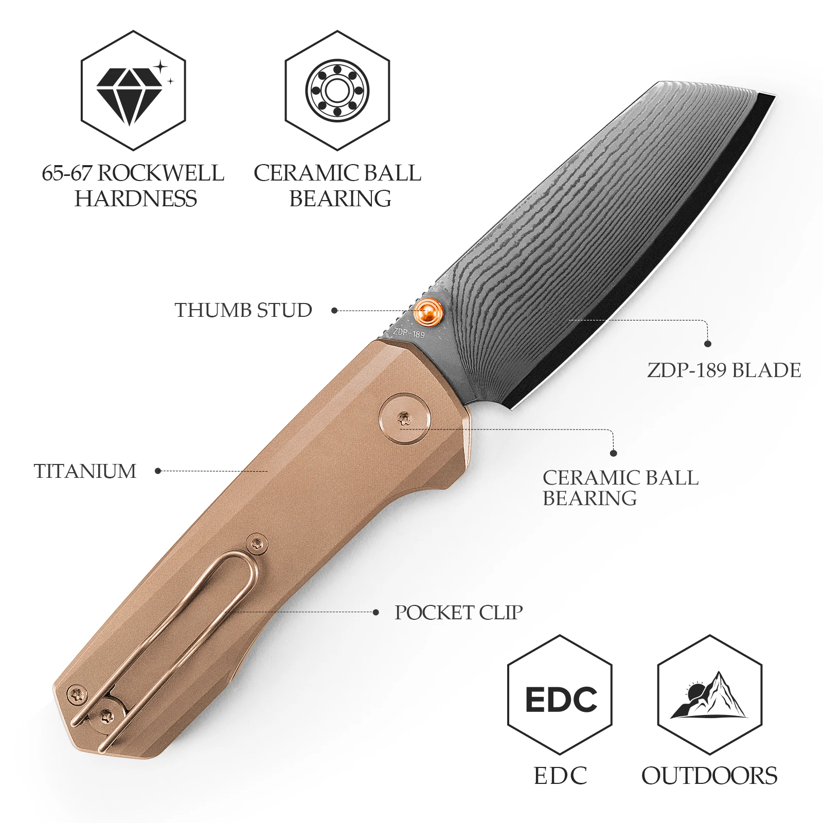 TRIVISA Pocket Folding Knife Scarab Ultra-RT DLC ZDP-189 Damascus Blade Titanium Handle High Quality Outdoor Camping Hiking Tool