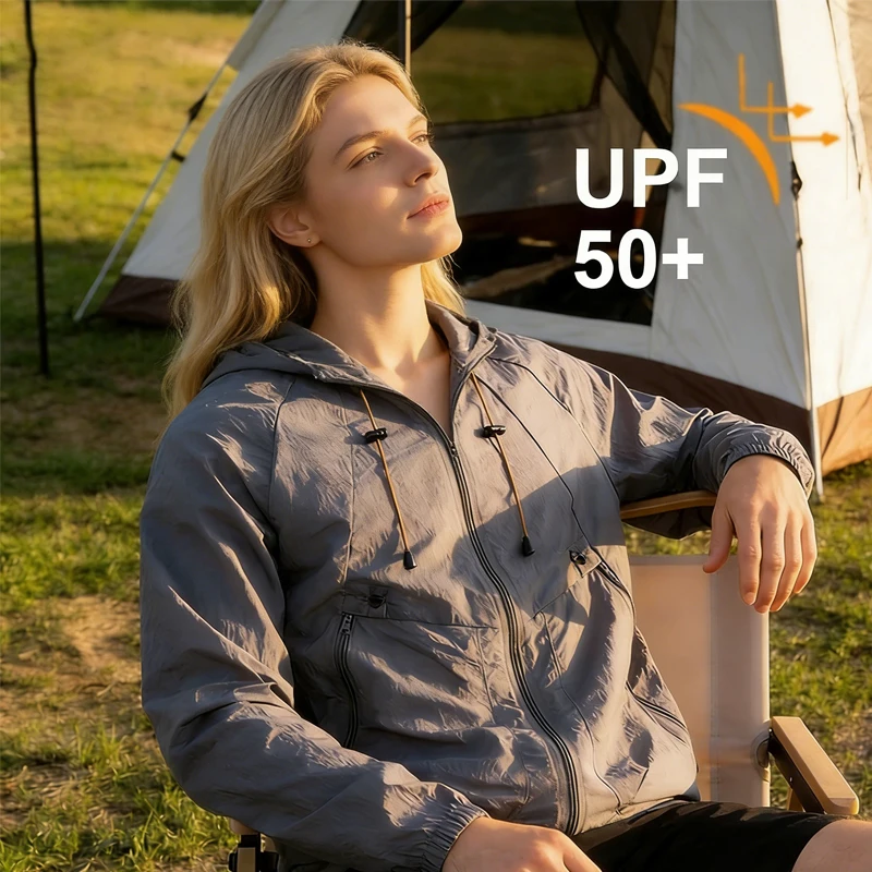 2026 Summer Men's New Leisure Outdoor Quick Drying Uv Light Jacket Light Sports Riding Fishing Hooded Skin Ultra-thin Breathable