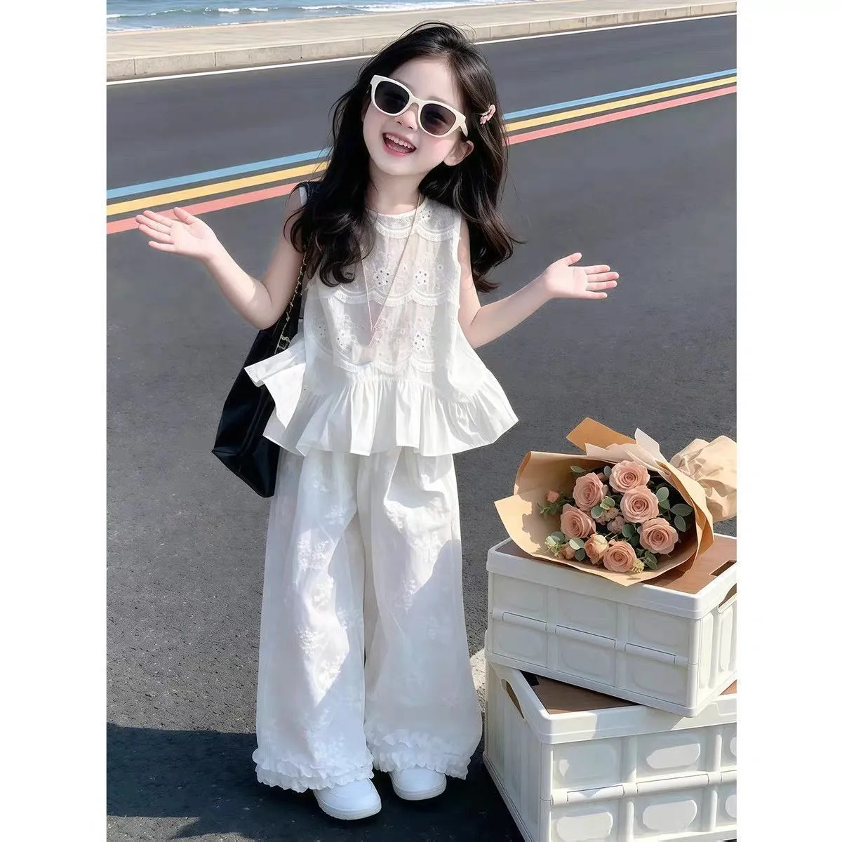 Girls Summer Outfit Lace Trim Sleeveless Top and Wide Leg Pants Set Toddler Baby Girl Thin 2 Piece Suit Kids Clothing