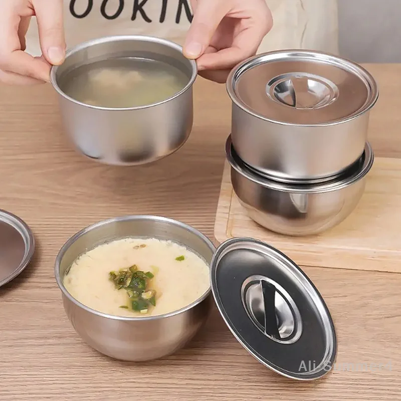 

304 Stainless Steel Steamed Egg Bowl With Lids Kitchen Tableware Fruit Salad Dessert Soup Bowl Food Container Rice Noodles Bowl