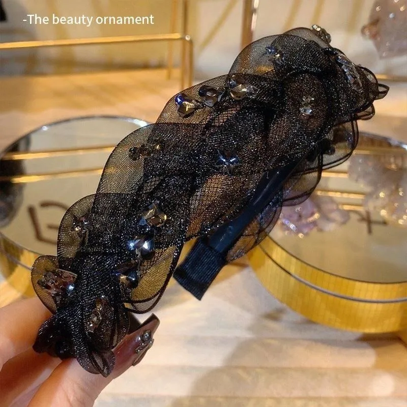 

Изысканные черные сетчатые повязки для волос, женские аксессуары для девочек, повязка на голову с кристаллами и заколкой в стиле «фрид-доу-твист» для создания девичьего образа