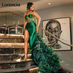 Customized Emerald Green Aso Ebi Prom Dress Ruffles High Split Crystals African Black Girl Evening Gown Robe De Soiree YPD17