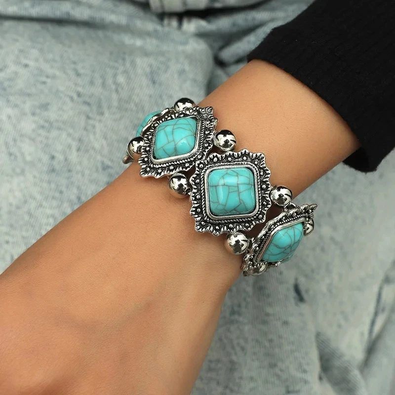 Vintage Bohemian Multicolor Stone Elastic Bracelets for Women Ethnic Personality Silver Color Metal Bracelet Party Jewelry