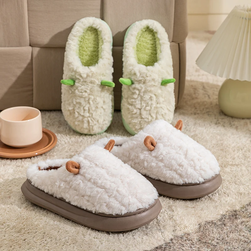 Winter Home Slippers Men Shoes Cute Cartoon Flat Platform Slippers Women Warm Plush Slides Indoor Bedroom Non-Slip Floor Slipper image 6