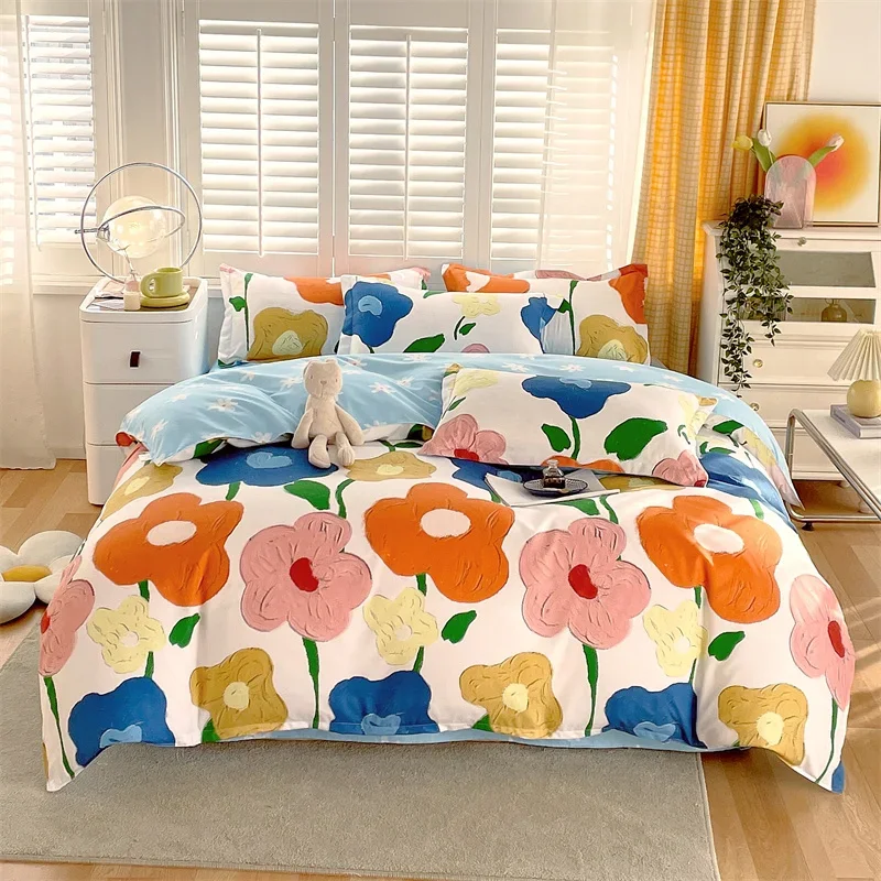 Fashion Oil Painting Style Duvet Cover Set Colorful Flower Four Seasons Quilt Cover Blue Theme Bedding Set with 2 Pillowcases