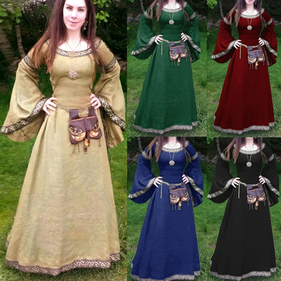 Mittelalterliche klassische Cosplay-Kostüme für Damen, Halloween, Karneval, Party, Leistung, langärmelig, Mittelalter, Renaissance-Kleider