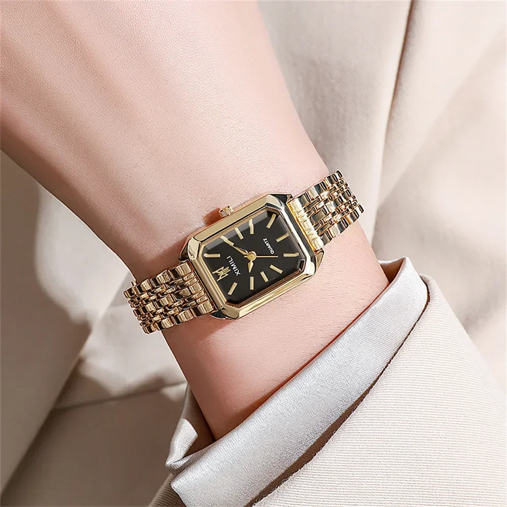 Luxury Ladies Bracelet Quartz Wristwatch Simple Scale Square Quality Gold Plated Women Watches Business Alloy Folding Clock