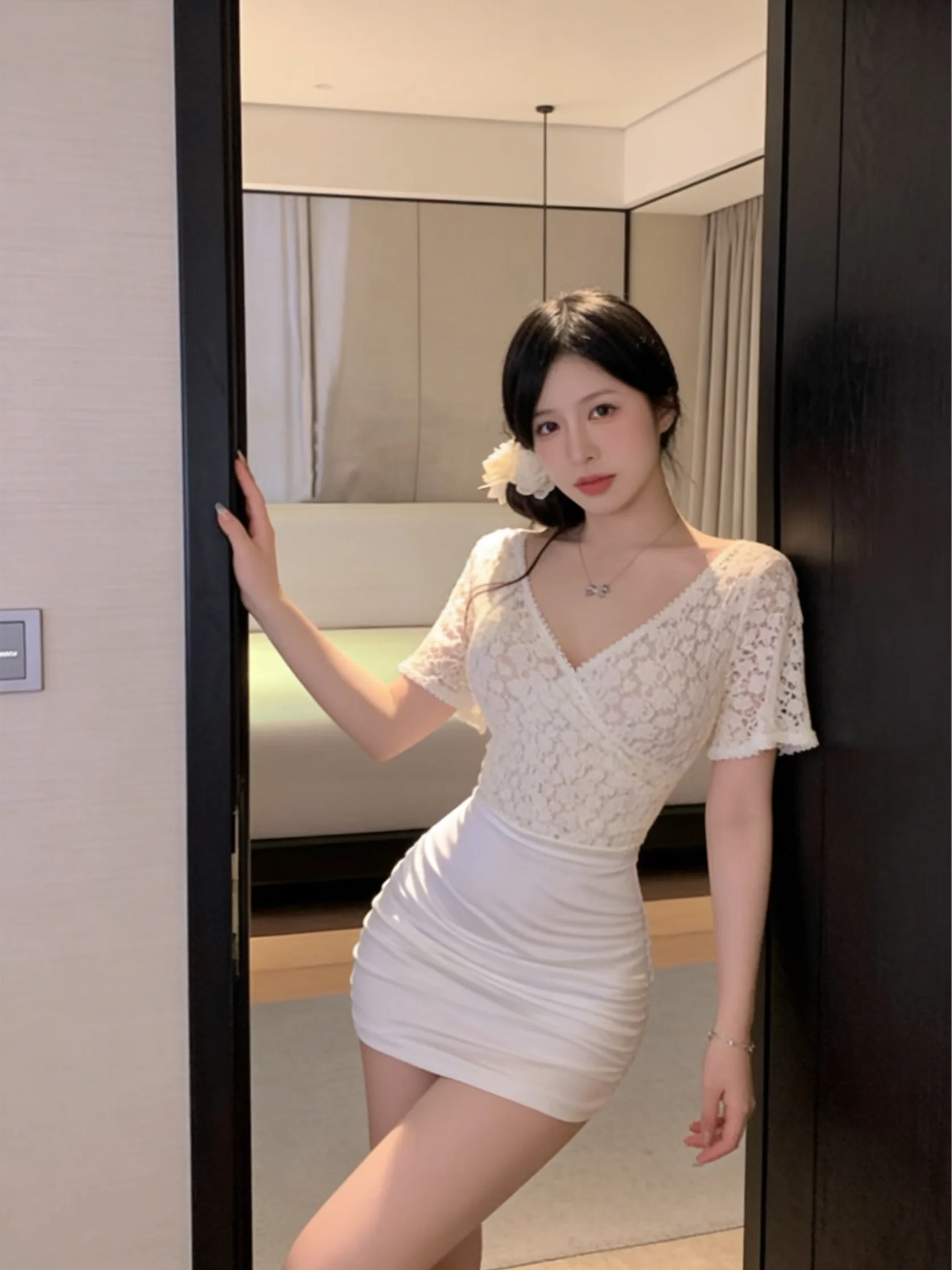 

Pure Desire Sexy Lace Trim V-ne Dr Women Summer Sexy See-tough Tight Bodycon ort Skirt Tight Fit Casual Sle