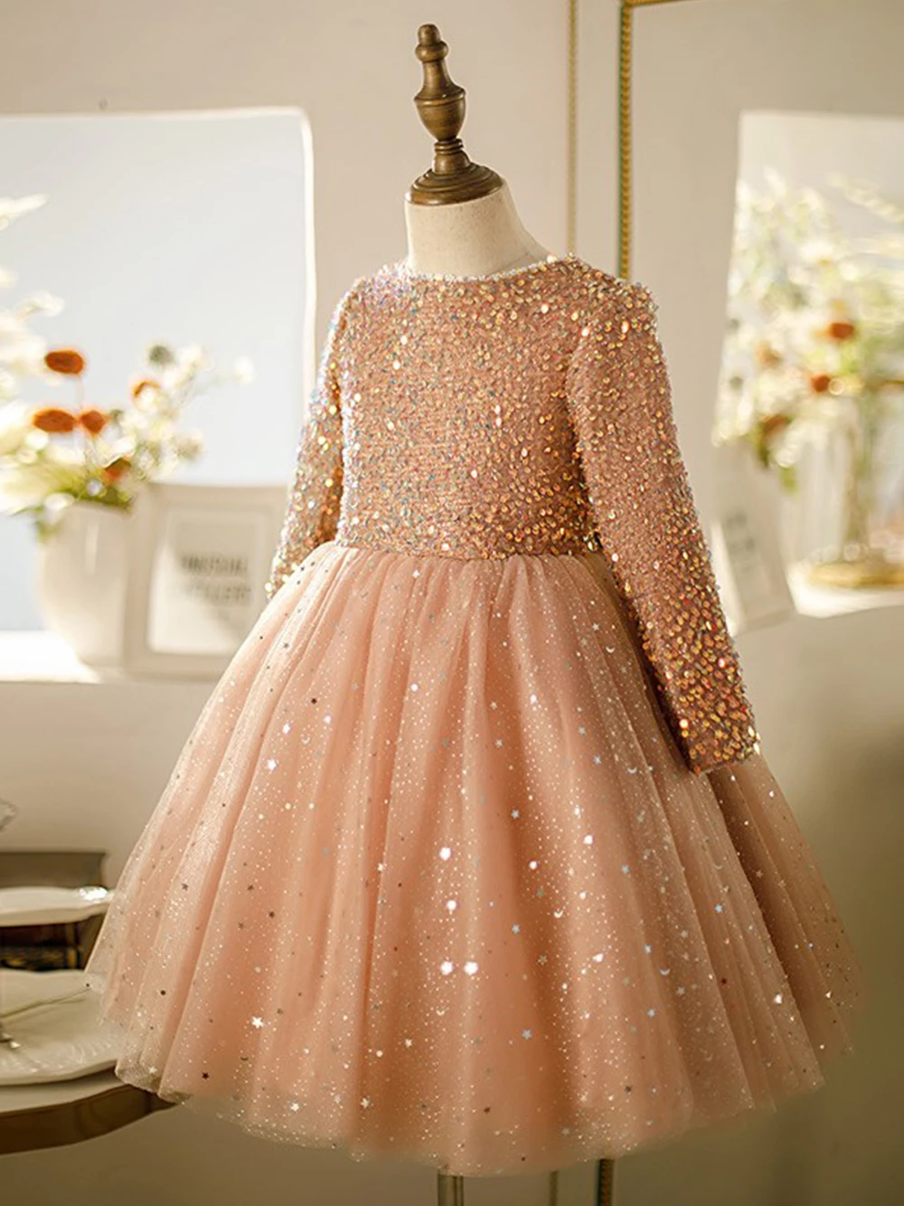 Elegant Dress For Girls Long Sleeve Sequin Top+Yarn Puffy Skirt For Girl Ceremony Dress For Wedding