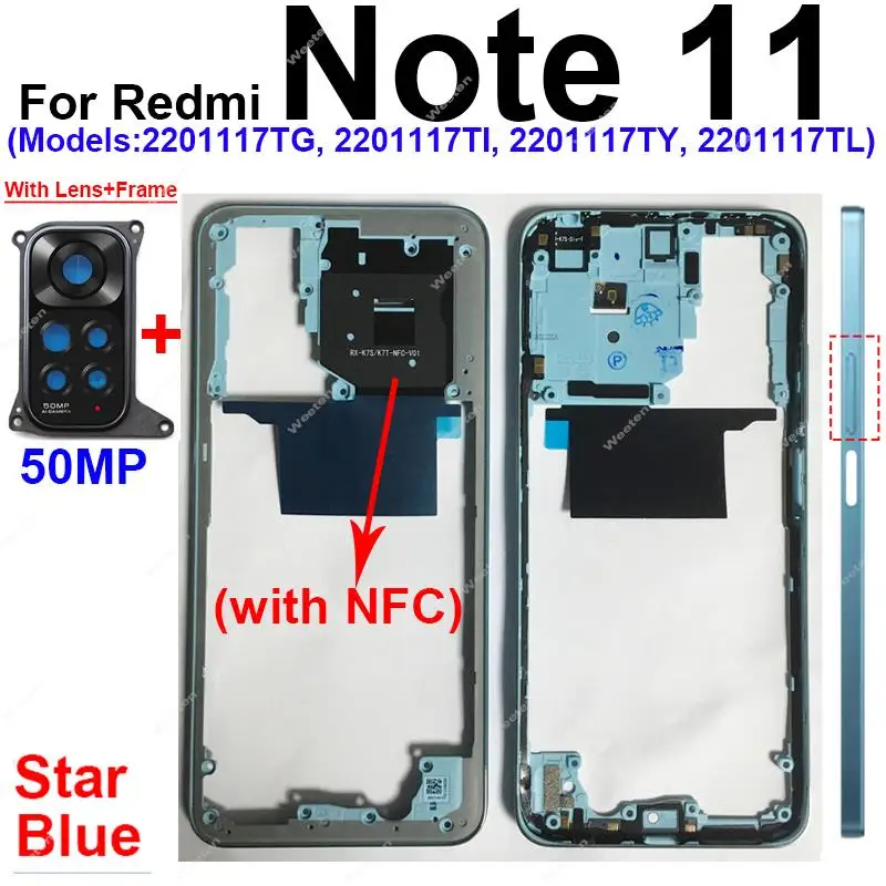 Middle Frame Housing For Xiaomi Redmi Note 11 Note 11S 4G Middle Cover Bezel Case Plate With/Without NFC Lens Frame Parts