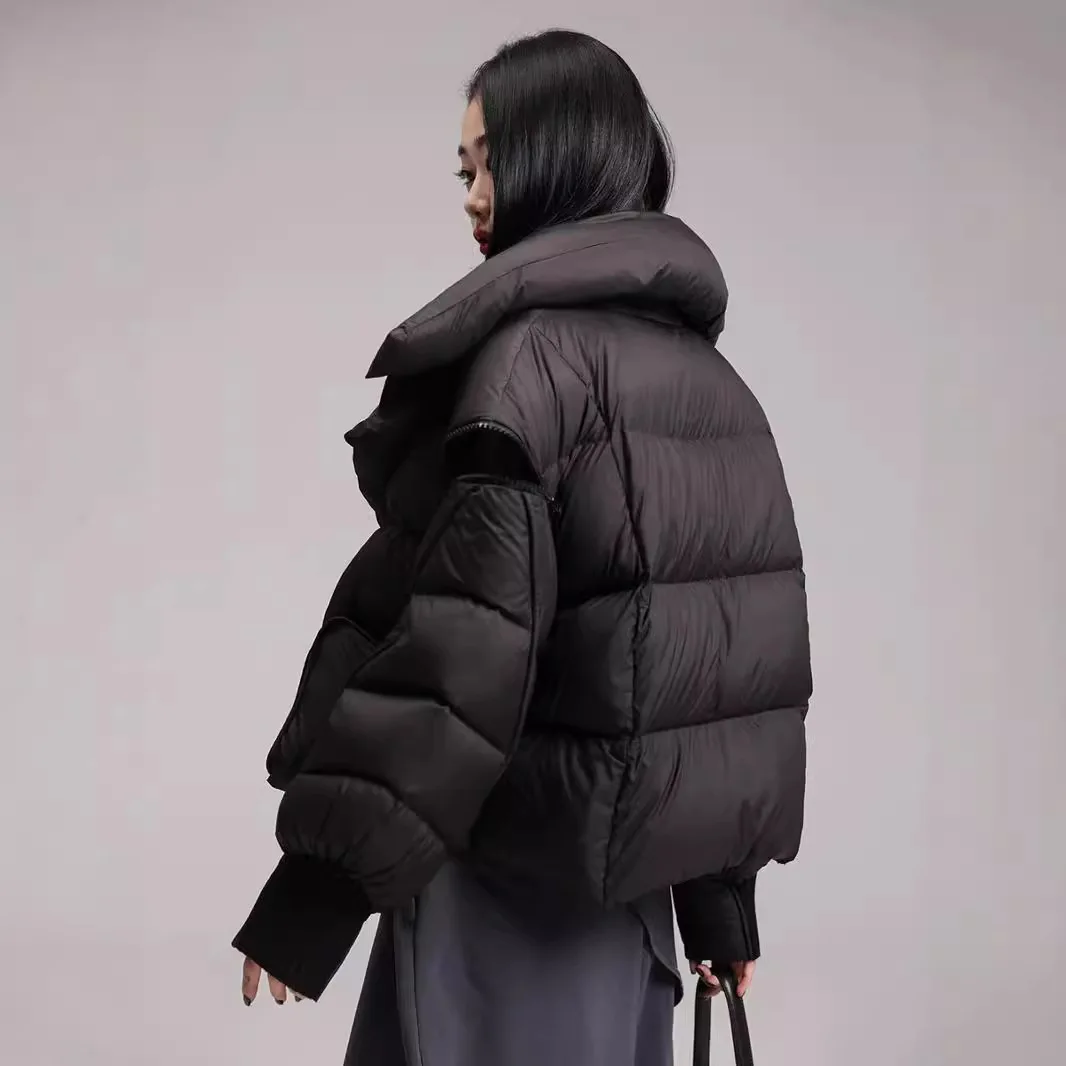 2026 الشتاء سترة منفوخة المرأة قصيرة 90% الأبيض بطة أسفل معطف الإناث الشارع الشهير الدافئة سترات الأكمام القابلة للإزالة أبلى