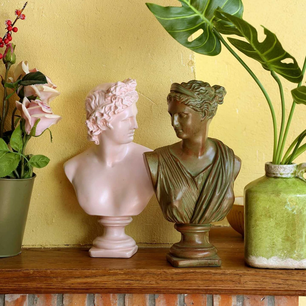 Classical Greek Roman Bust Resin Statue, Vintage Apollo Diana Sculpture Figurine, Home Table Shelf Art Decoration Ornament