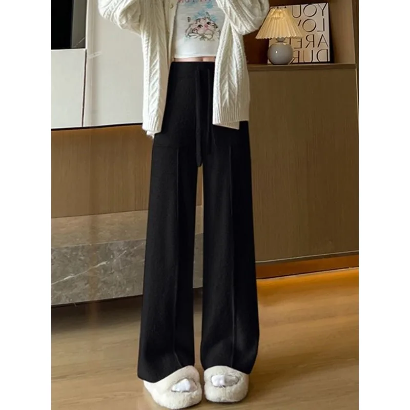 الموسم الجديد المرأة عالية الخصر واسعة الساق محبوك السراويل المستقيمة فو المنك المخملية الرباط لينة مريحة بنطلون TT802 #4