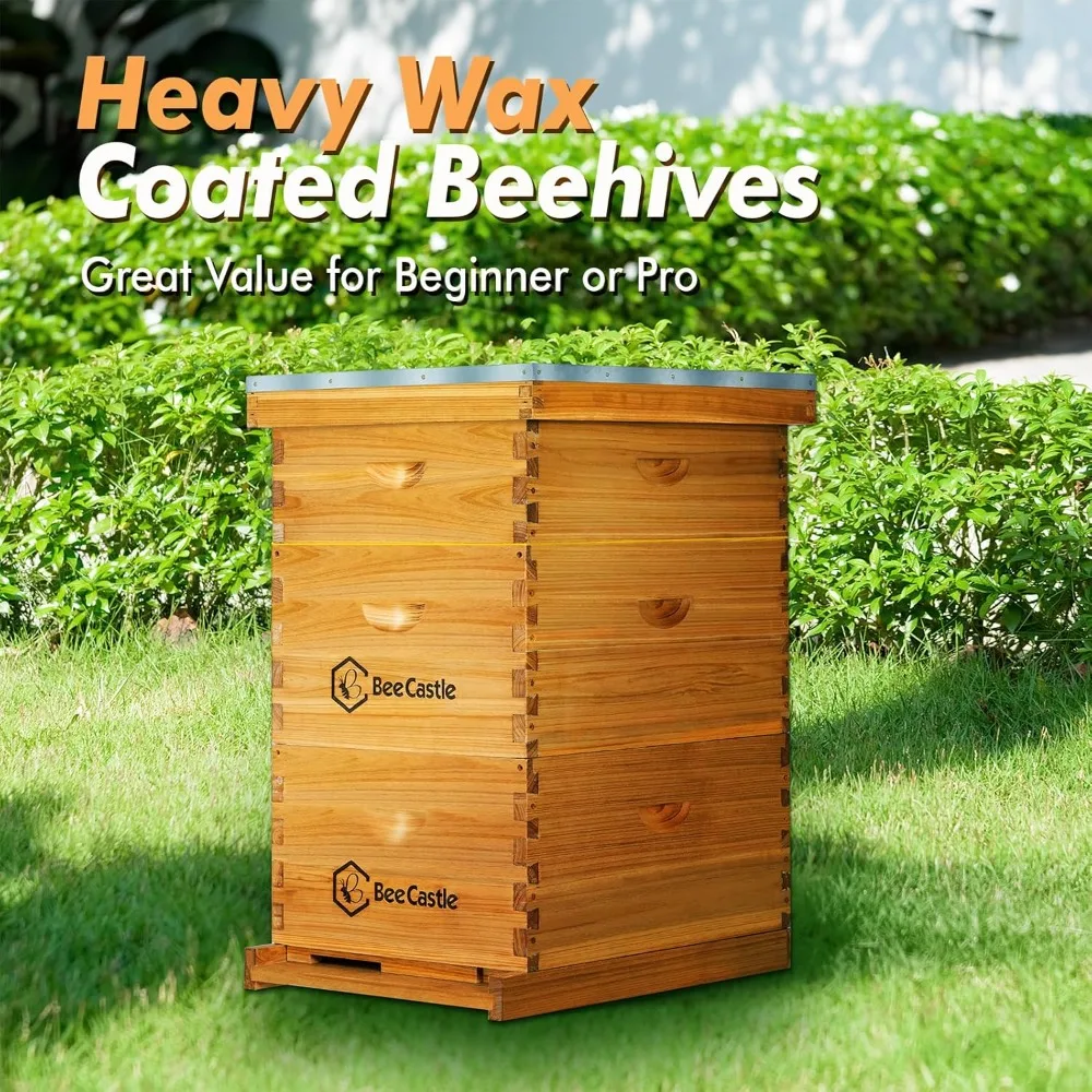 BeeCastle 10 إطارات Langstroth Bee Hive المطلي بشمع العسل تتضمن إطارات خلية النحل وأساس مشمع (صندوقين عميقين و1 متوسطة