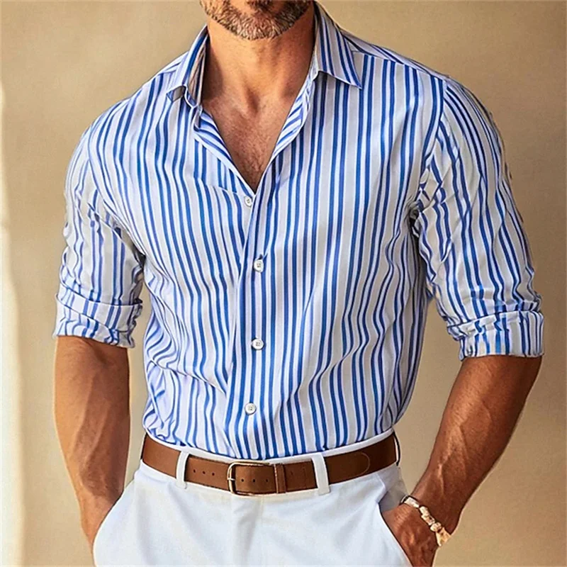 10 Colors Men's Formal Lapel Button-Down Striped Collar Long-Sleeved Shirt Black Blue Large Size Slim Fit Business Wear