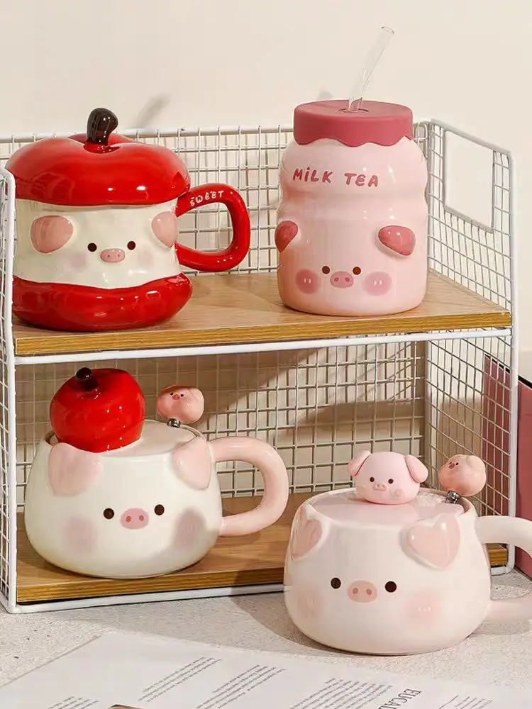 460ml Cartoon Pig Mug Coffee Cup Set with Spoon Ceramic Gift Home Mugs 3D Water Cups Lovers Milk Large Capacity Breakfast Mug