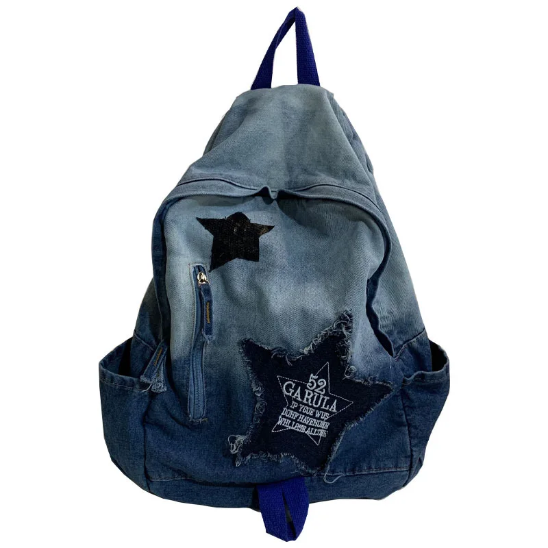 New Korean Y2k Denim Star Backpack for Women Travel Bag for High School Students Double Shoulder Bag Vintage Schoolbag