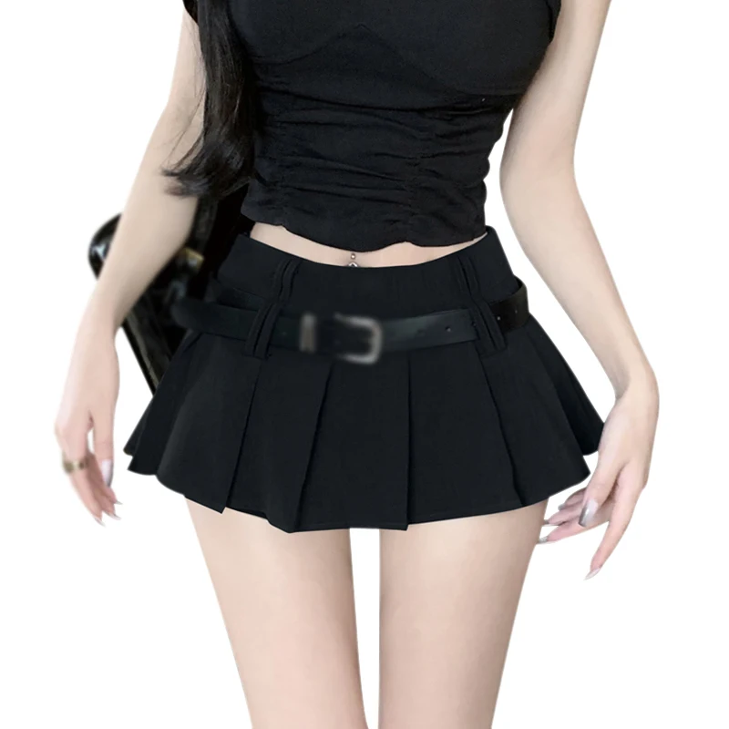 Women's High Waist A-Line Pleated Skirt With Belt Half Bodycon College Style Ultra Short Half Bodycon Skirt