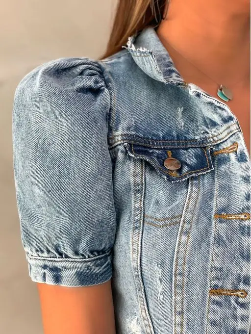 Kurtki damskie Top Coats Denim Turn Down Collar Short Tops Coat Single Breasted Button Puff Sleeve Slim Fit Casual Jacket