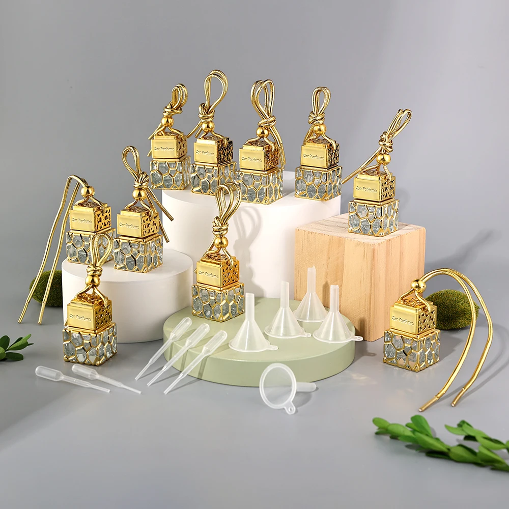

10pcs 10ml Gold Car Essential Oil Diffuser Fragrance Air Freshener Scent Perfume Square Bottle for Ornament Hanging Empty Bottle
