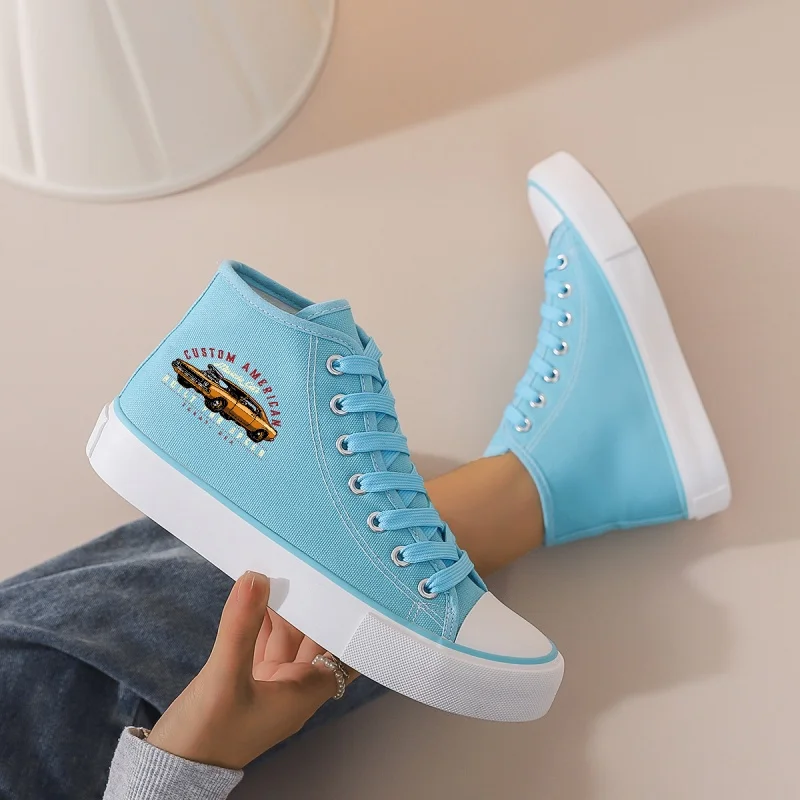 

Women's Blue High-Top Canvas Sneakers: Chunky Platform & Lace-Up. Retro Car Print for Casual Daily & Campus Style.
