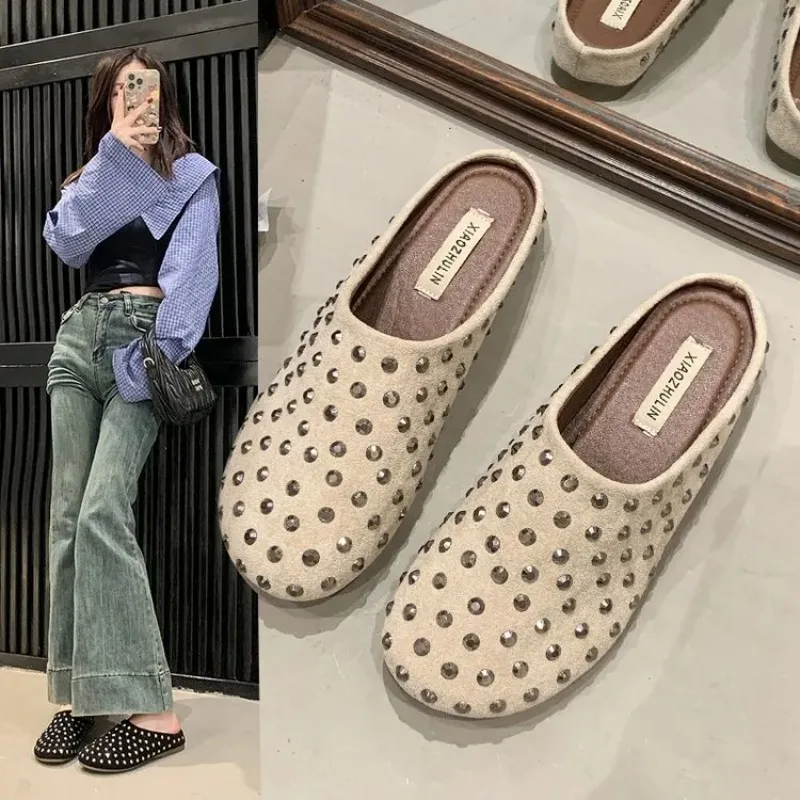 

Rivet Toe Half Slippers for Women, 2025 Summer Wear, Round Headed Sandals for Women Flat Bottomed Soft Soled Lazy M Ü Ller Shoes