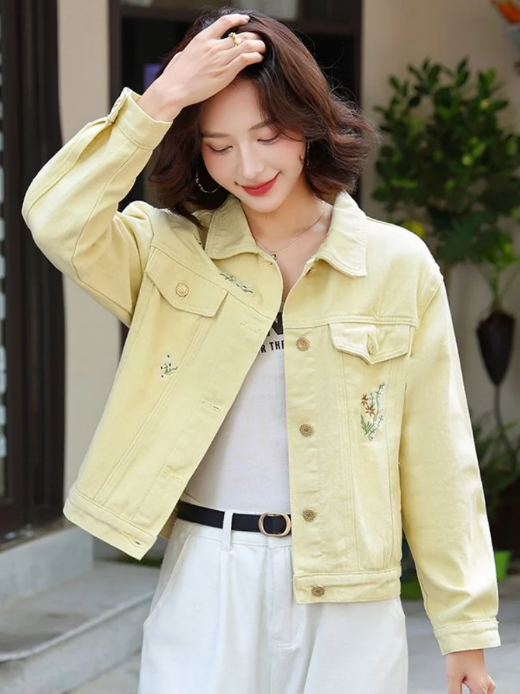 

Embroidered Ne ort Denim Jaet Women's Faion Spring Autumn New Sle Versatile Cardigan Top Straight Tube pe