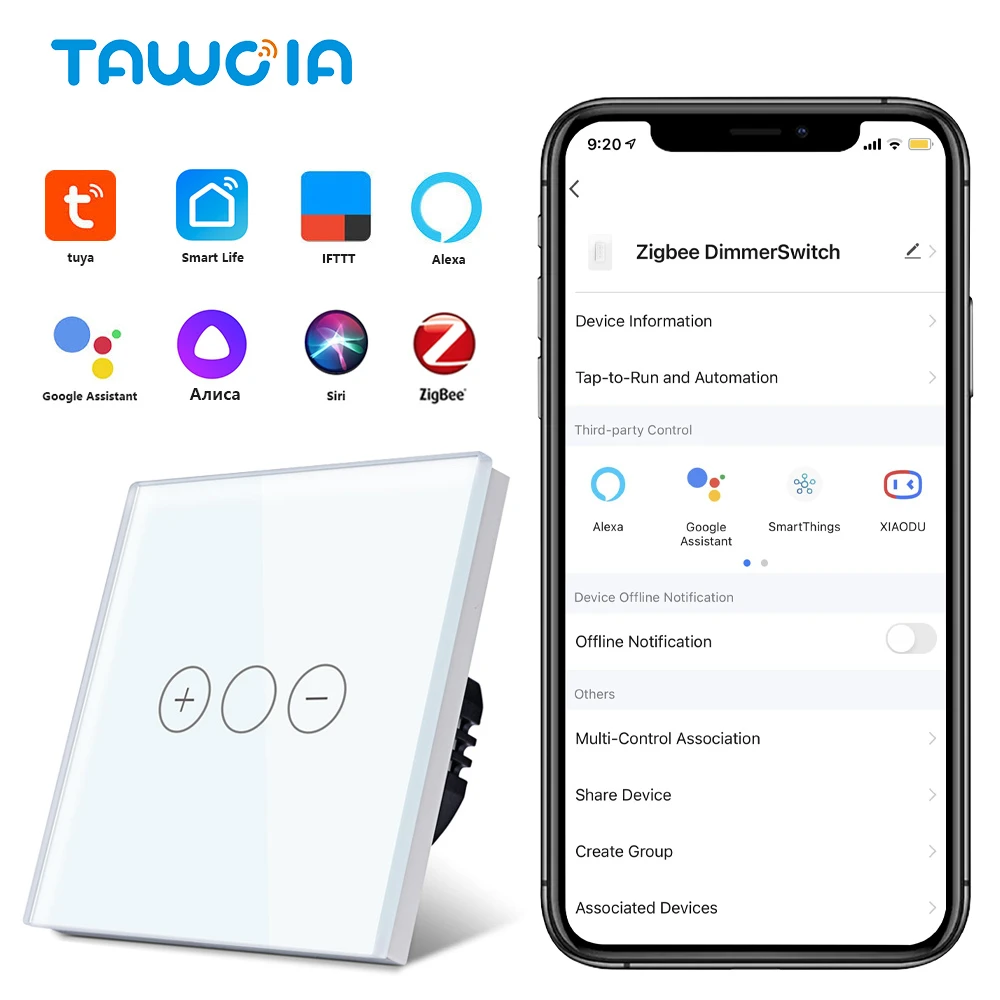 

Tawoia Zigbee Light Dimmer Touch Switch EU Standard Glass Smart Light Dimmer Switch Works With Alexa Google Tuya Smart Life