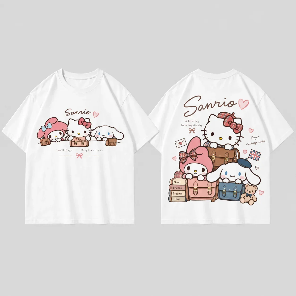 Men's Women's Parent Child Sanrio Hello Kitty Pearl Bow Cute Print T Shirt White Kawaii Streetwear Short Sleeve Oversized Top