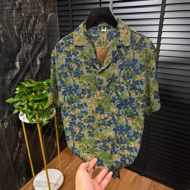 

Faionable Casual Cuban Collar ort Sve Men's irt Luxury Lightweight Sli Holiday Sle Stand Fit Polyester Fiber