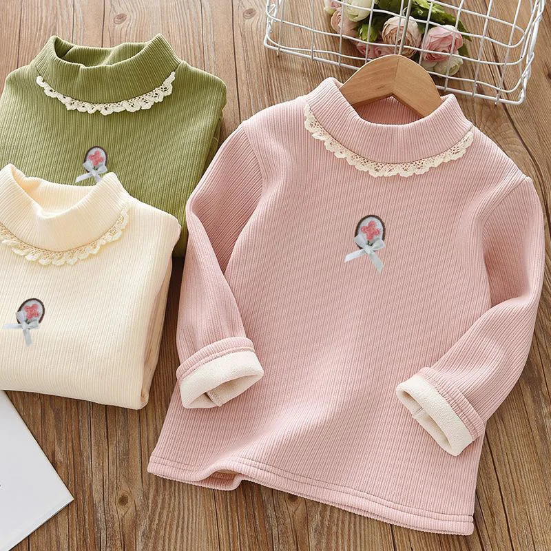 

OKH-Girls' Fleece-Lined Half TurtleneckTNew Autumn Winter Girls' Baby Fleece-Lined Warm Versatile Top Base Shirt Children's Clot