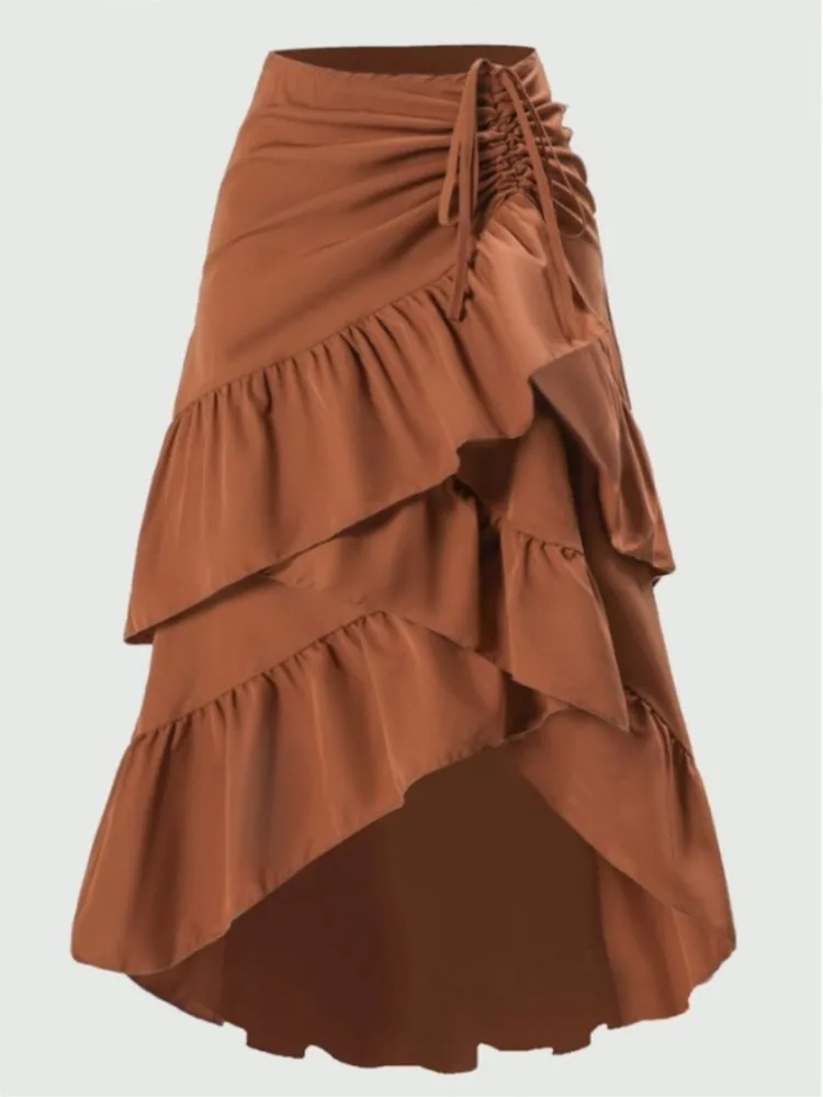 

Spring Temperament Elegant High-waisted Skirt Women's Fashion Commuting Stitching Slimming Ruffled Hem Lace-up Solid Color Skirt