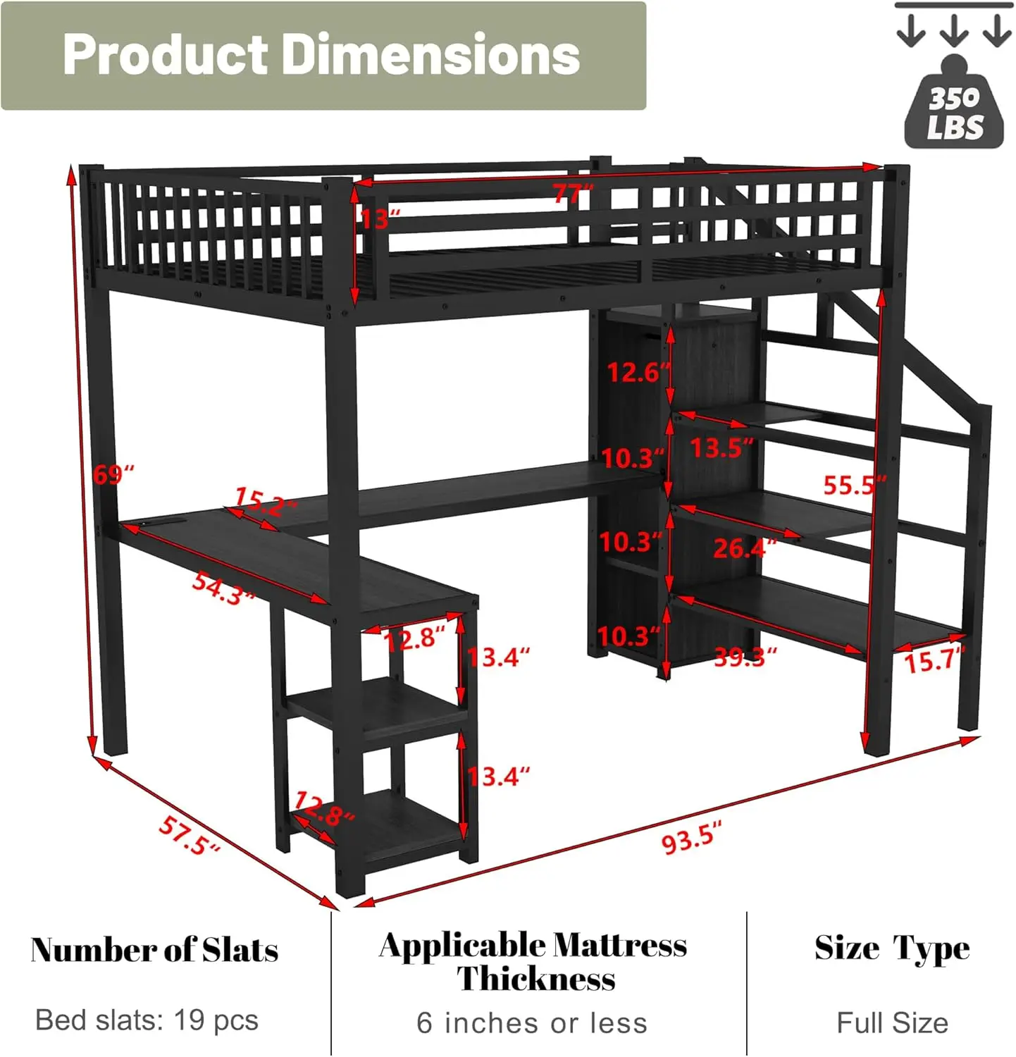 Size Loft Bed with Desk and Storage Stairs,Metal Full Loft Bed Frame with Wardrobe and Shelf, High Loft Bed with LED Light and U