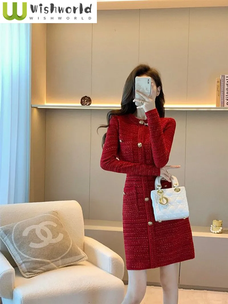 

Red Knitted Dress for Women 2025 Spring/Autumn New Fashionable Retro High End Sensation Slimming Skirt