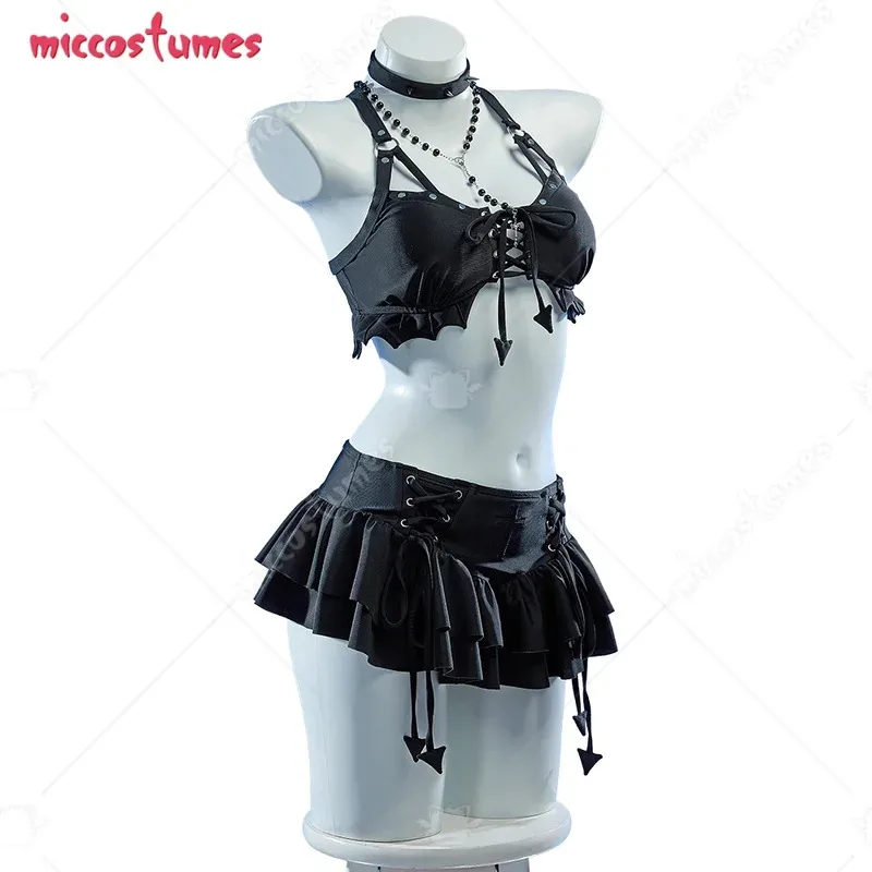 25COShaikyuu Women Goth Two Piece Swimsuit with Necklace Bat Ruffle Bikini Gothic Bathing Suit Swimwear Halter view 2